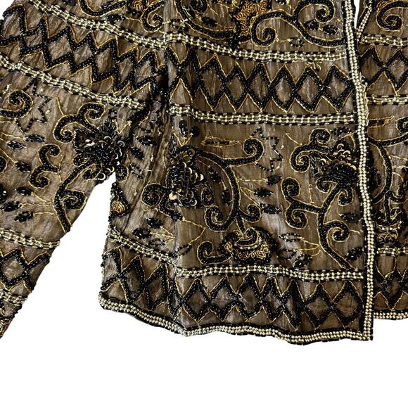 Vintage 80s Silk Beaded Jacket Gold and Black Women's Size Medium - Picture 1 of 5